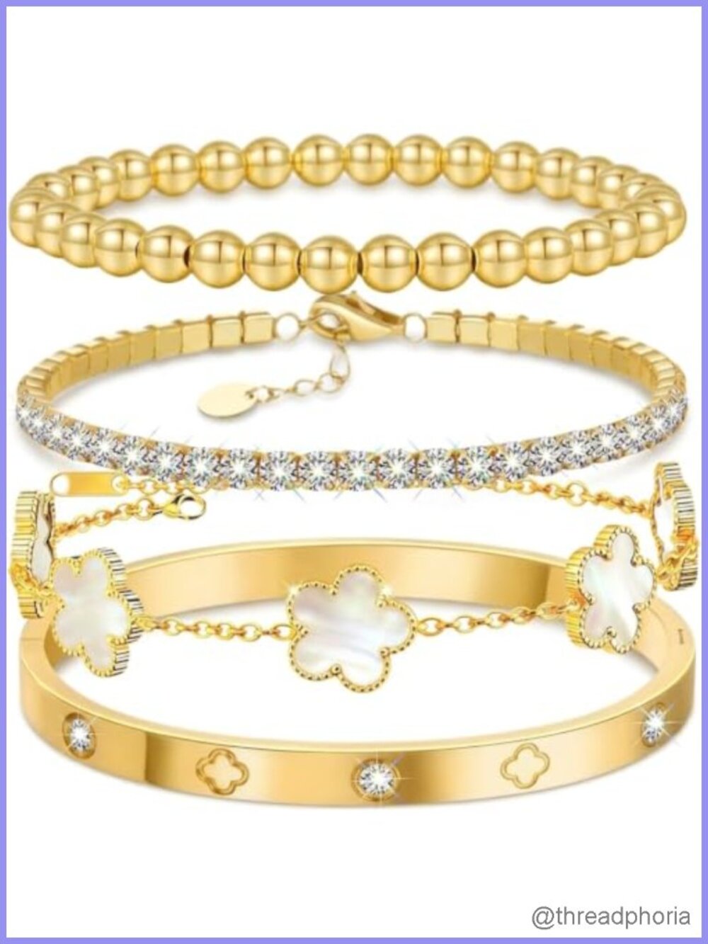 18K Gold Plated Four Leaf Clover Bracelet Set Women Stacking Cuff